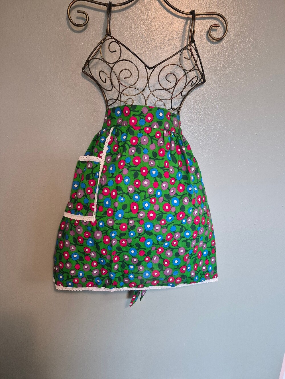 Poppy Flower Tie Back Kitchen Apron Cotton Green